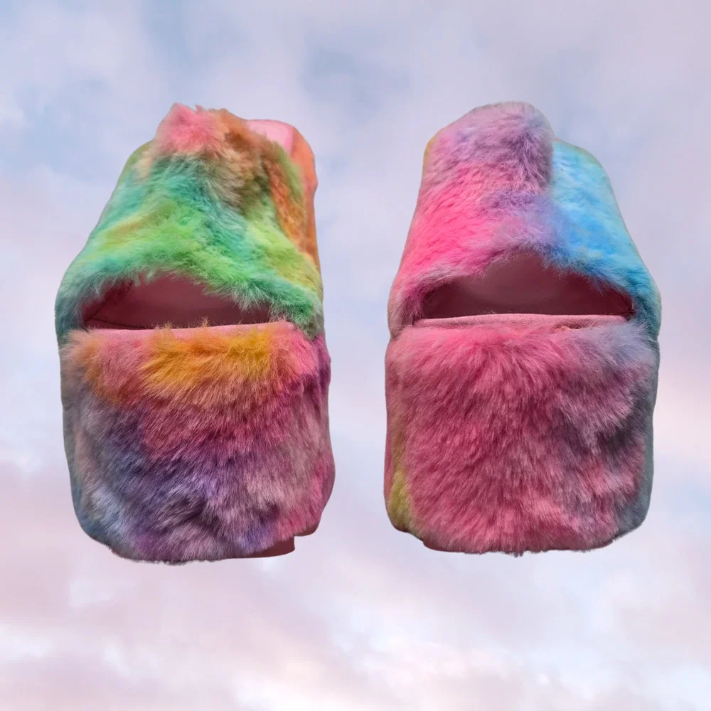 YRU Gravity Faux Fur Fuzzy Wedge Platform Pastel Tie-Dye Rainbow Slides 7